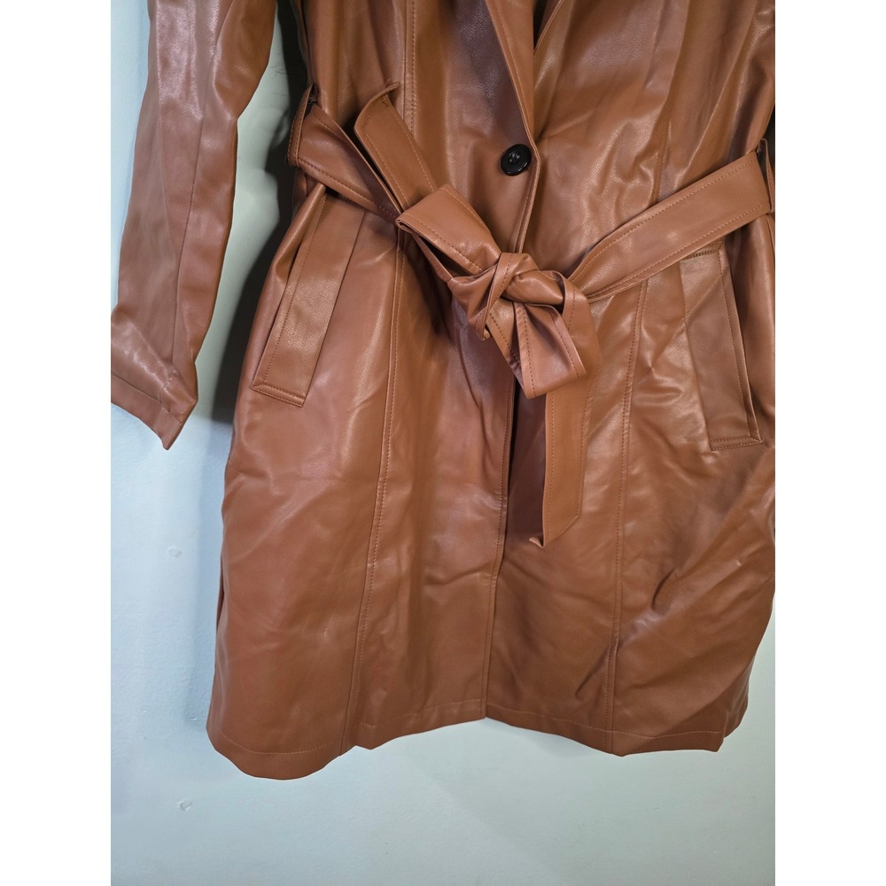 Utcoco Faux Leather Trench Coat Brown Belted Jacket Size M NEW - Picture 4 of 16